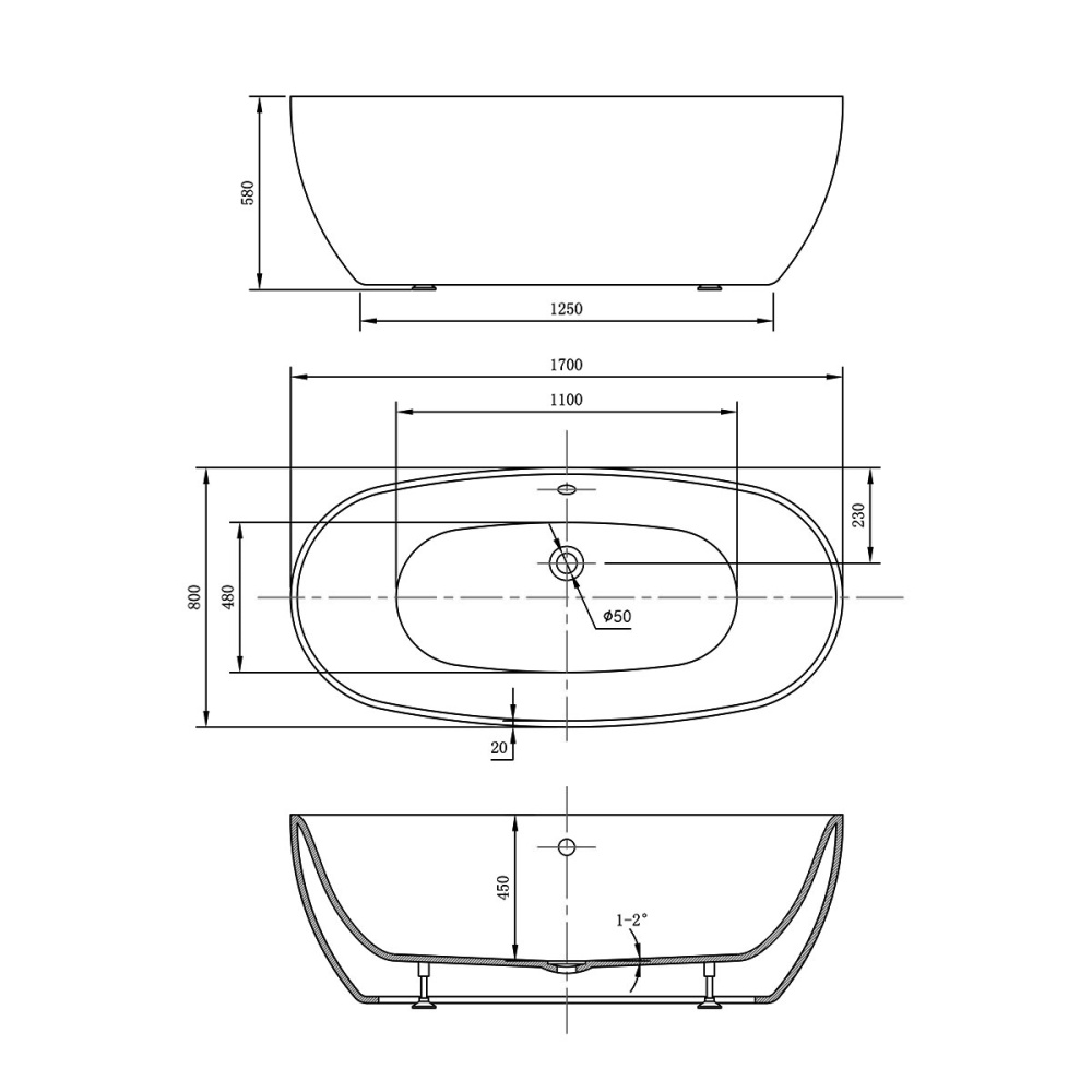 Акриловая ванна 170x80 Vincea (VBT-405-1700MB), овальная