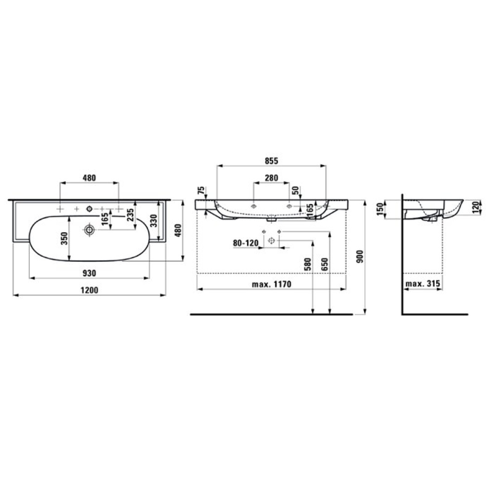 Раковина Laufen New Classic 8.1385.8.000.115.1 120 х 48 х 16.5 см, SaphirKeramik, 2 отверстия, без п