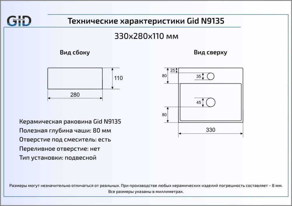Раковина подвесная Gid N9135