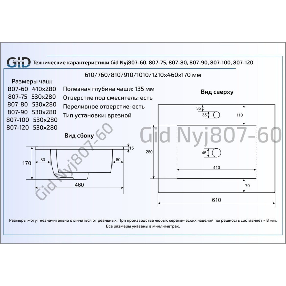 Раковина встраиваемая сверху Gid NYJ807-75