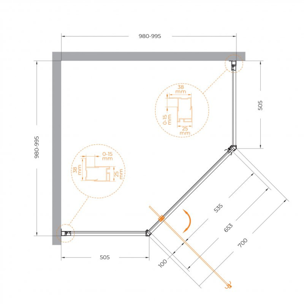 Душевой уголок Cezares ECO-O-P-1-100-C-Cr, 100 х 100 х 195 см, стекло прозрачное