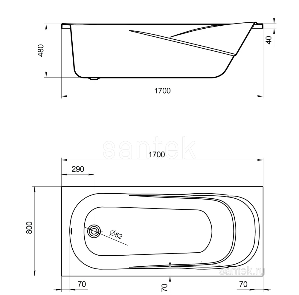 Акриловая ванна 170x80 Santek (1.WH30.2.441), прямоугольная