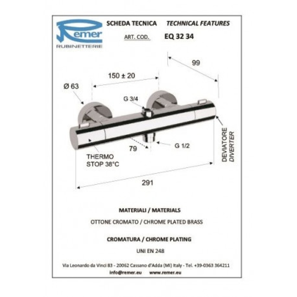 Фото REMER Elegance EQ32X7MMM20BG Душевая система в комплекте с термостатом для душа (золото шлифованное)