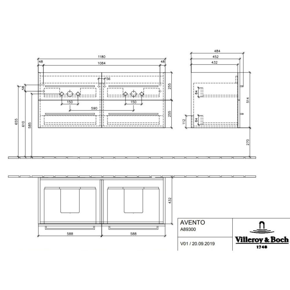 Villeroy Boch Avento A89300PN Тумба под раковину 1180х515 мм (Elm Impresso)