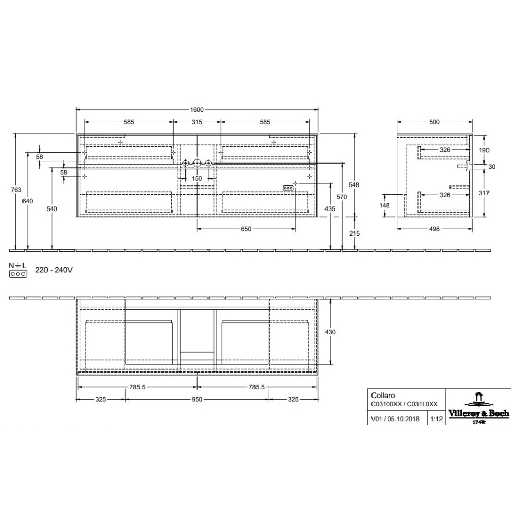 Villeroy Boch Collaro C03100FP Тумба под раковину 1600х500 мм (Glossy Grey)