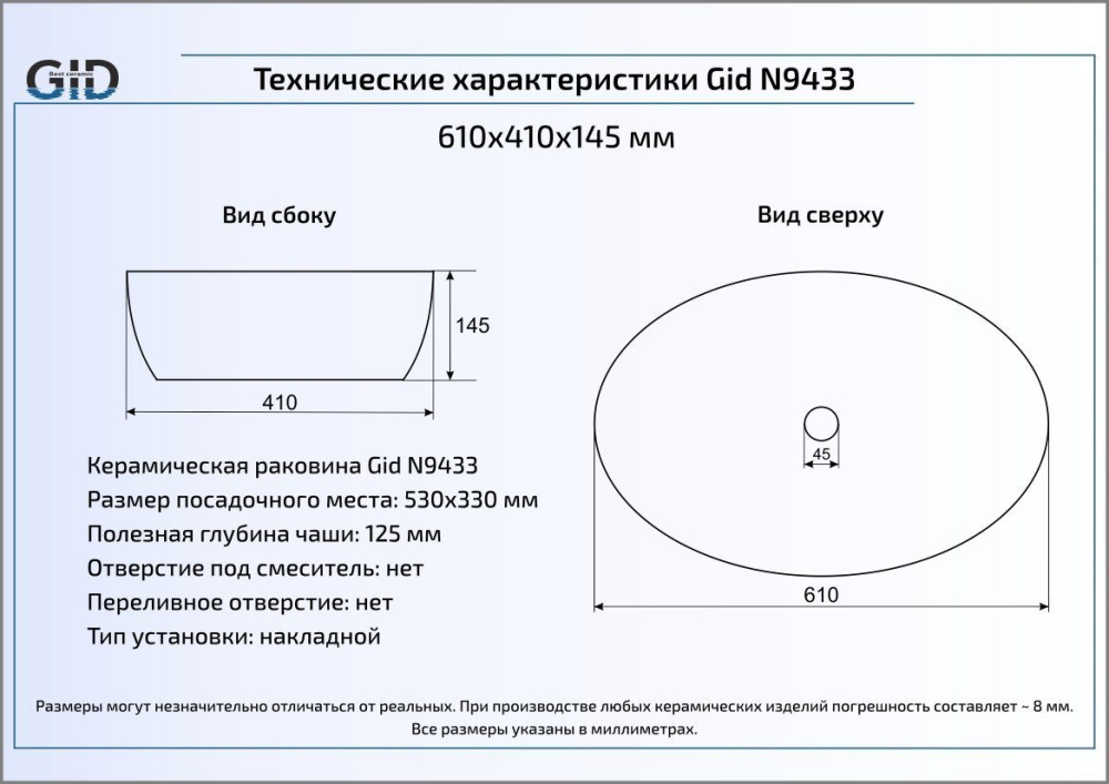 Фото Раковина накладная Gid N9433