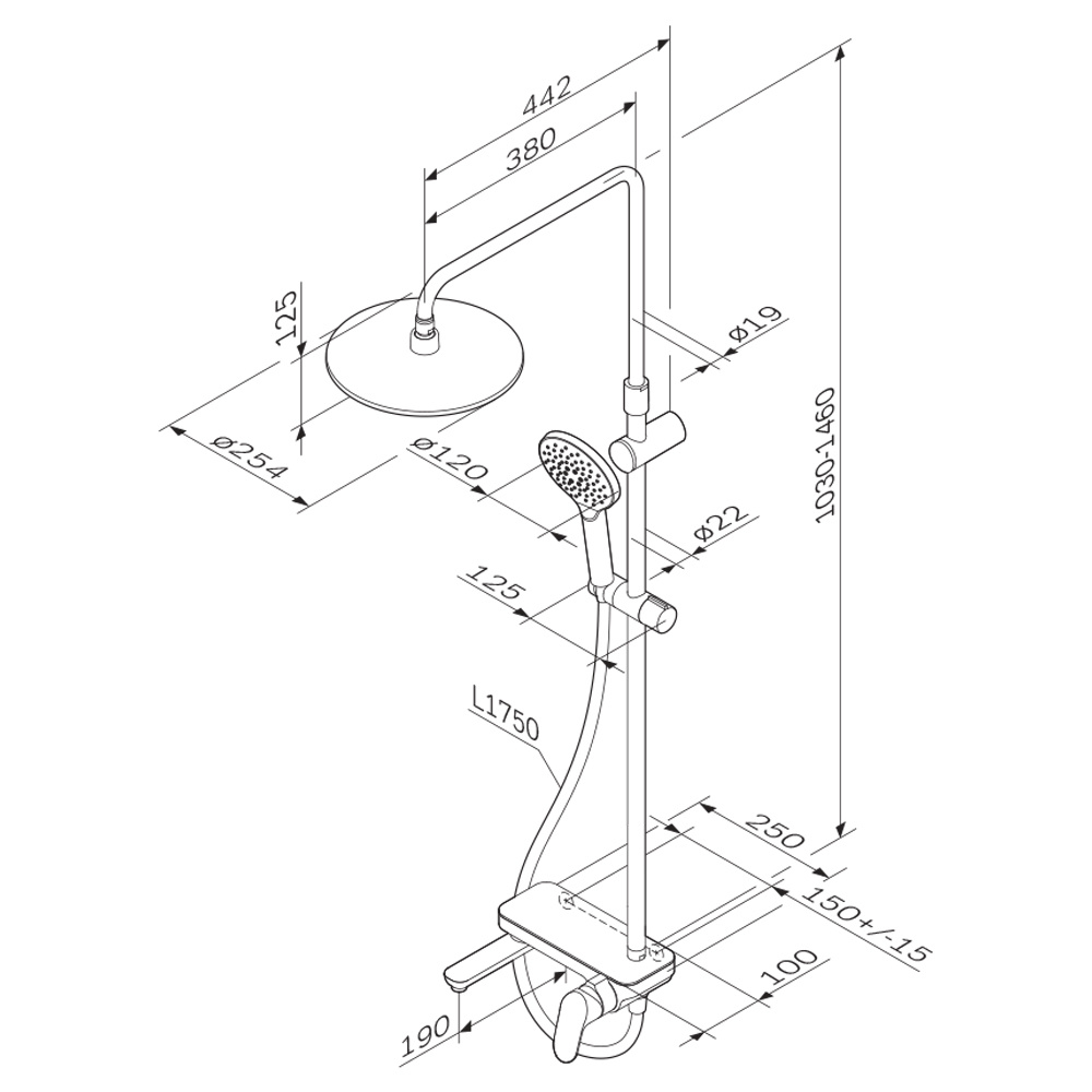 Фото Душевая система AM.PM Like F0780700 стойка с тропическим душем, смесителем, изливом, хром