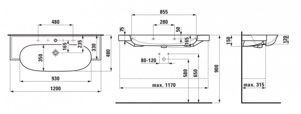 Раковина Laufen New Classic 8.1385.8.757.104.1 120 х 48 х 16.5 см, SaphirKeramik, 1 отверстие, с пер