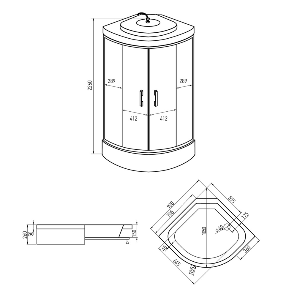 Душевая кабина 90x90x226 Erlit (ER350926-C3-RUS) , Поддон средний