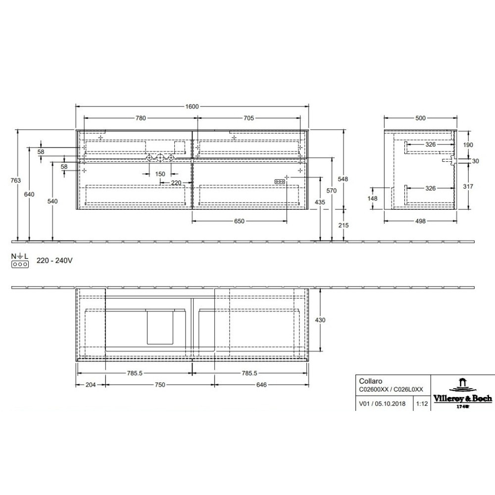 Villeroy Boch Collaro C02600PD Тумба под раковину 1600х500 мм (Black Matt Lacquer)